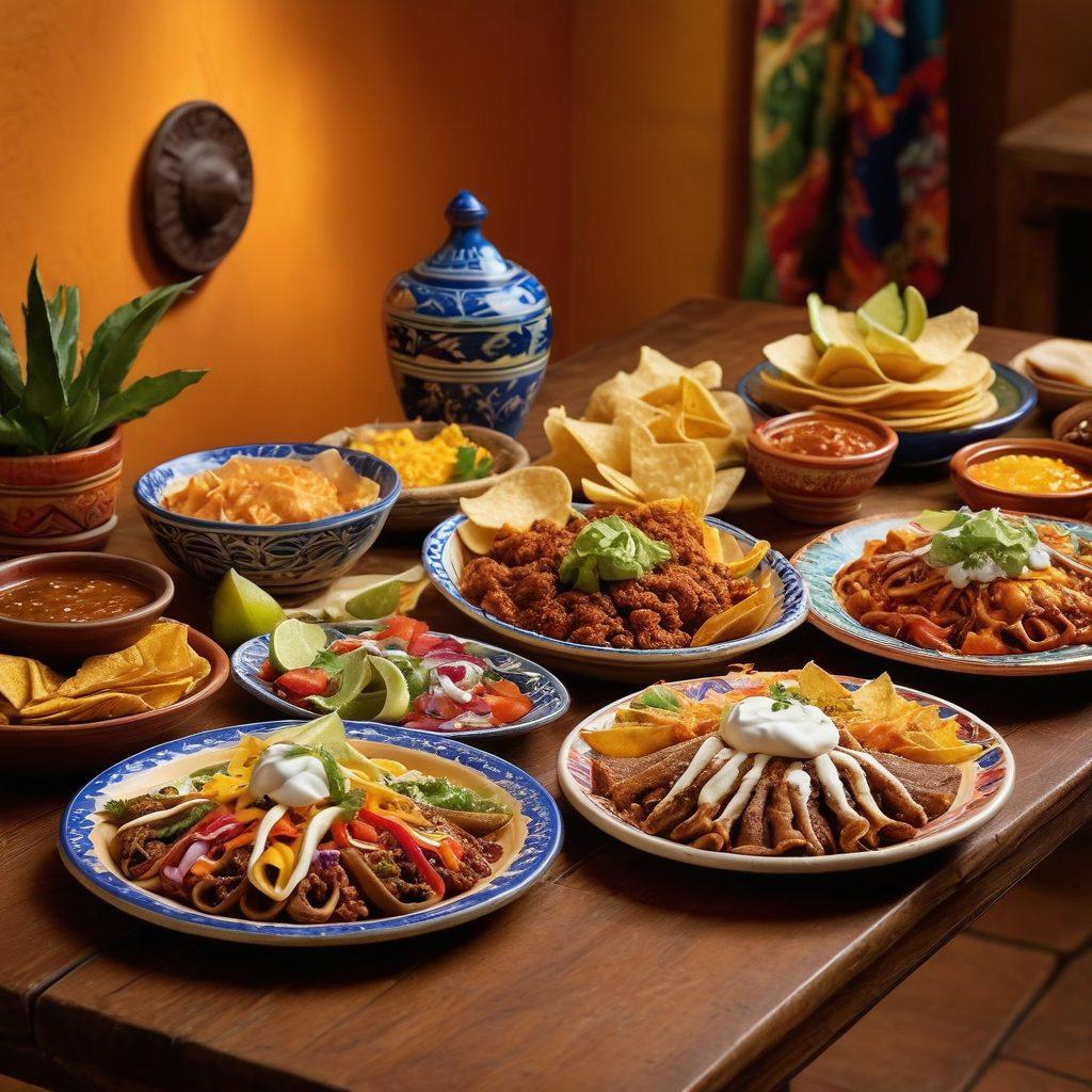 A vibrant montage showcasing traditional Mexican cuisine, featuring vibrant dishes like tacos, enchiladas, and churros on rustic wooden tables. Include cultural elements such as colorful talavera pottery and sombreros in the background, with warm lighting creating an inviting atmosphere. Capture the essence of dining experiences at La Hacienda, where flavors meet culture. super-realistic. vibrant colors. warm inviting tones.