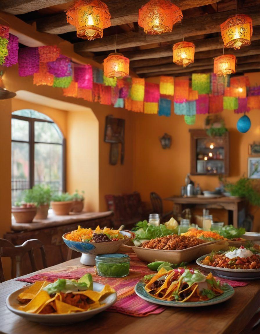 A vibrant Mexican dining scene showcasing a beautifully set table filled with colorful traditional dishes like tacos, enchiladas, and guacamole, adorned with fresh ingredients like cilantro and lime. In the background, a rustic hacienda with warm lighting and a lively atmosphere, where chefs are preparing dishes, infusing the air with tantalizing spices. Bright, festive decorations such as papel picado hanging from the ceiling. super-realistic. vibrant colors. 3D.
