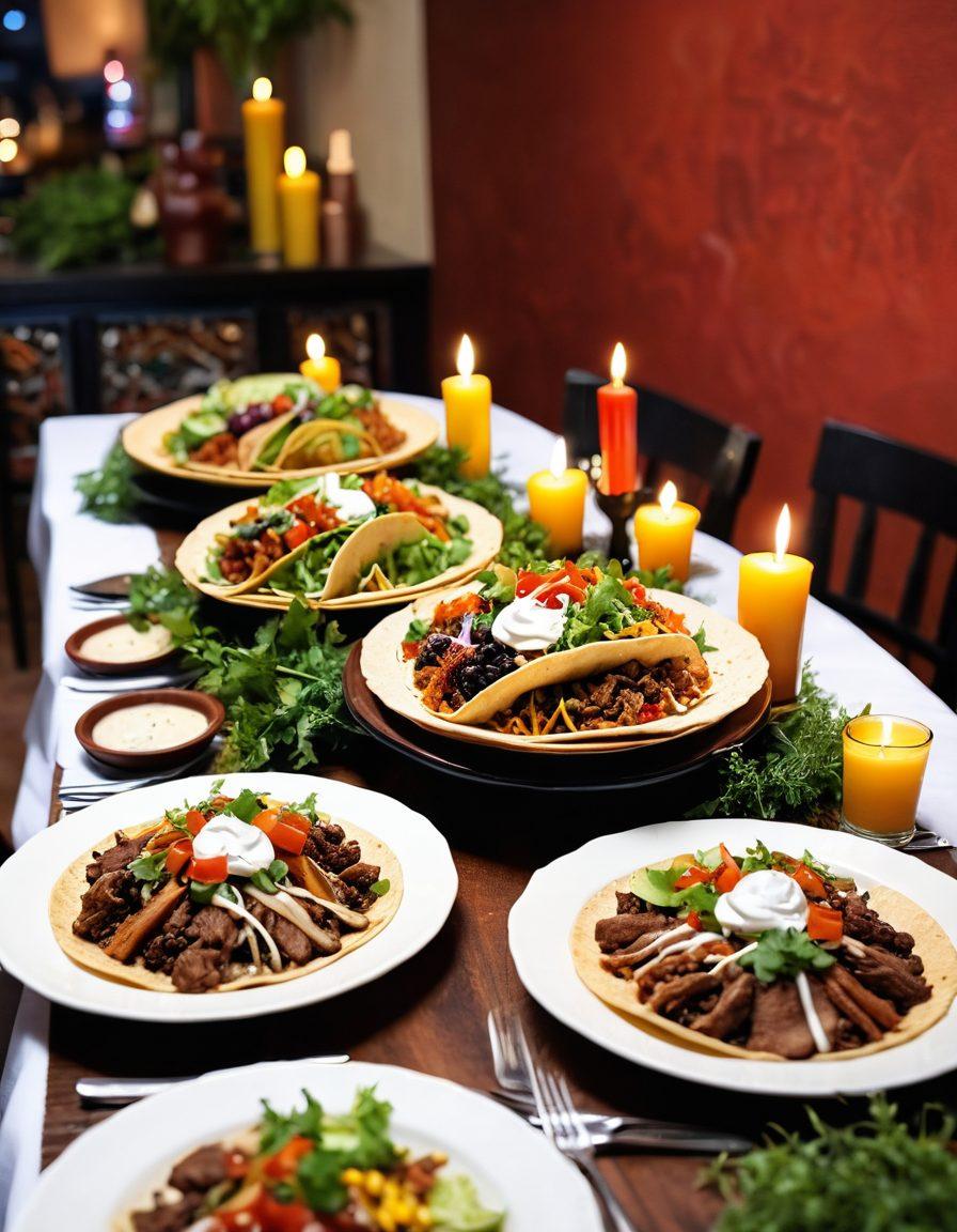 A vibrant table setting showcasing a fusion of tacos and fine dining, featuring gourmet dishes on elegant china alongside colorful, artfully plated tacos. Include lush greenery and decorative candles to enhance the ambiance, with a stylish backdrop of La Hacienda's interior. The scene should evoke a celebration of culinary art and culture. super-realistic. vibrant colors. warm lighting.